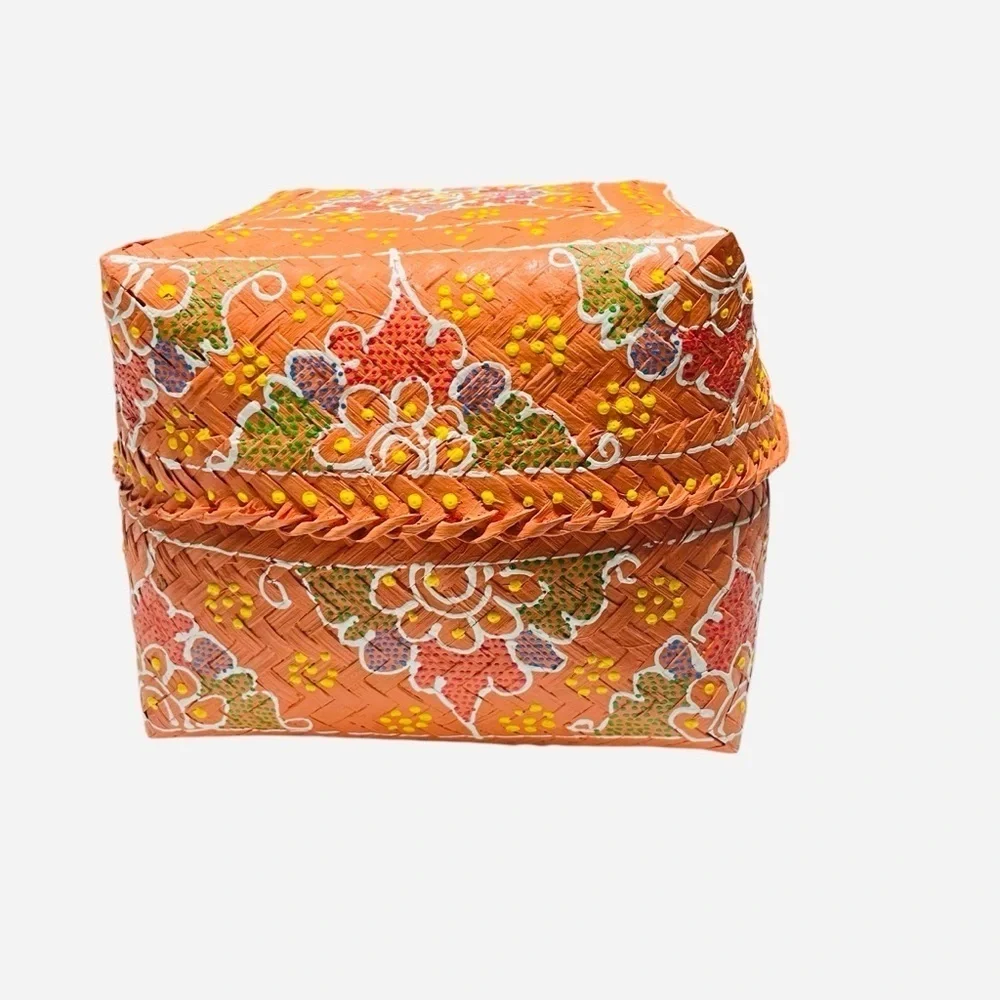 Vintage Orange Indonesian Hand Painted Offering Basket With Lid 7